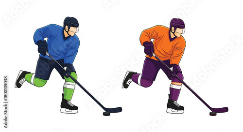 Two ice hockey players in action one in blue and one in orange