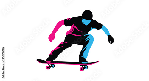 A vibrant illustration of a skateboarder in a dynamic pose with neon colors