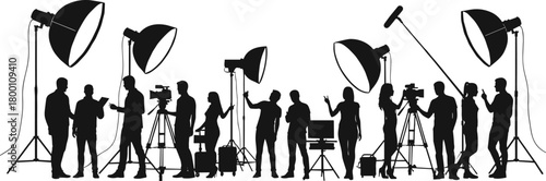 Film production crew silhouette illustration, people working with camera and lighting equipment, movie shooting concept, behind the scenes vector, media and entertainment industry