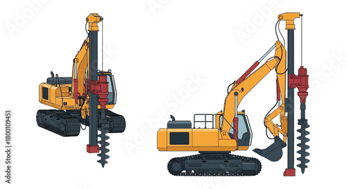 Illustration of two yellow pile driving rigs with drilling attachments
