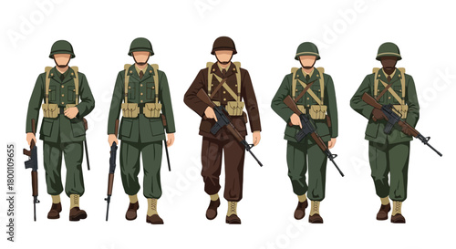 Five soldiers in vintage military uniforms stand in a line holding rifles
