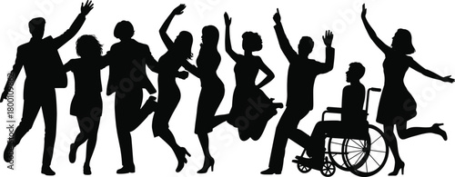 Diverse group celebrating together in joyful silhouette poses, inclusive community illustration featuring energetic people and wheelchair representation