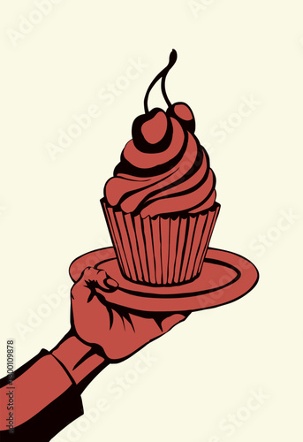 Vector drawing. The hand offers a treat