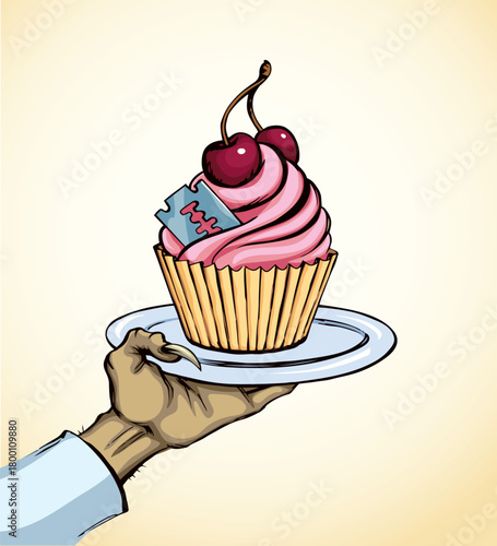 Vector drawing. The hand offers a treacherous treat