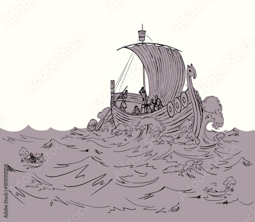 Vector drawing. Sailors on a ship in a storm