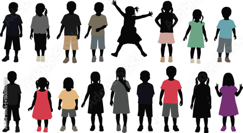Collection of diverse children silhouettes in various poses and clothing
