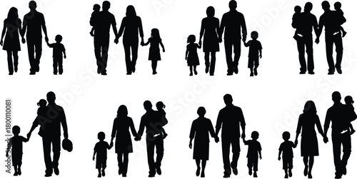 Collection of family silhouettes walking together, parents holding hands with children