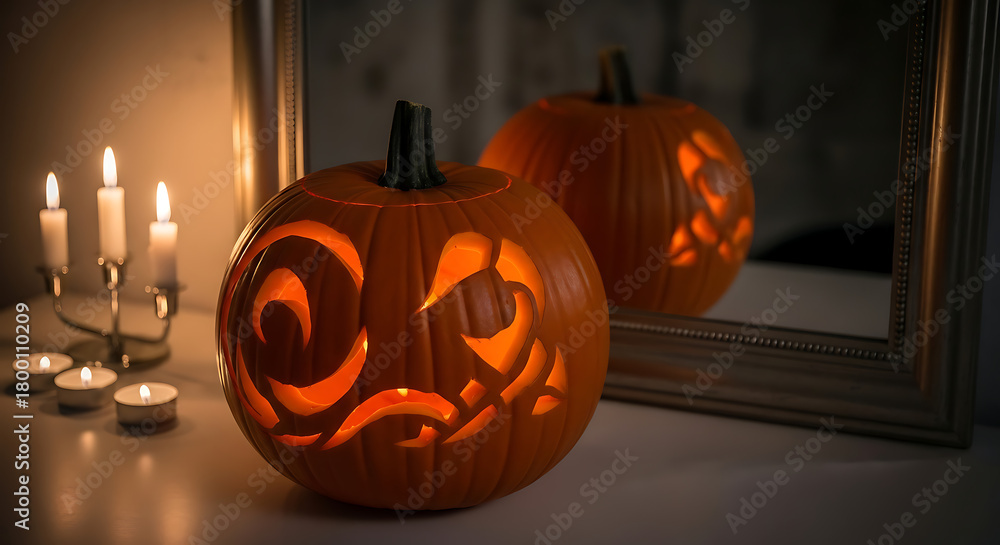 Obraz premium Illuminated Carved Pumpkin with Candles Reflected in Mirror Creating Festive Halloween Display Featuring Jack O Lantern, Candlelight, and Autumn Holiday Decorations on Table