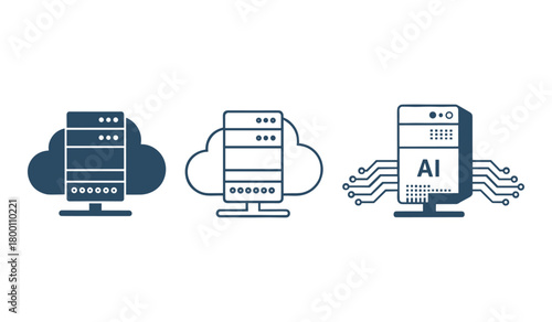 Three dark blue server icons with cloud and A I symbols on white background artificial intelligence