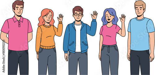 A diverse group of young adults waving