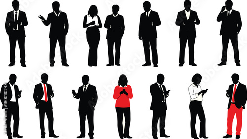 A diverse group of business people in silhouette, standing and interacting with their smartphones