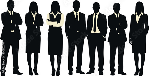 Silhouette of a diverse group of business professionals, men and women, standing together in formal attire