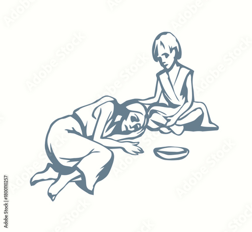 People suffering from hunger. Vector drawing