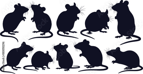 Collection of ten mouse silhouettes in various poses, showcasing a group of rodents with detailed features like tails and whiskers, set against a neutral background