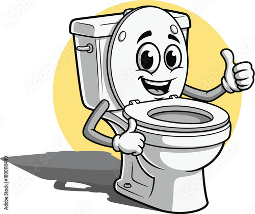 Cartoon toilet character with a smiling face and thumbs up gesture, giving a positive review
