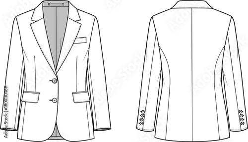 Front and back view of a classic tailored blazer, a versatile piece of outerwear for formal and casual occasions, presented as a clean fashion illustration