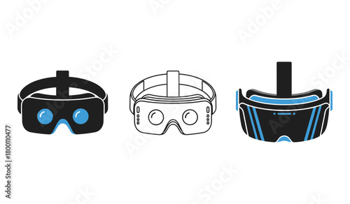 Three virtual reality headsets in different graphic styles goggles