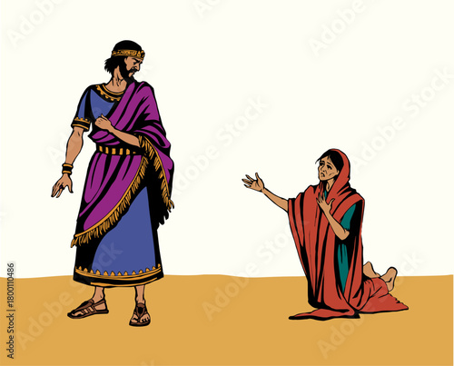 A starving woman asks for help. Vector drawing