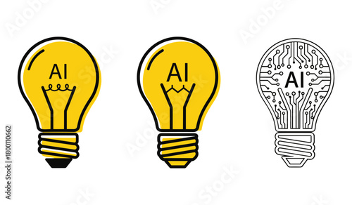 Three light bulb icons with A I text and circuit board design artificial intelligence
