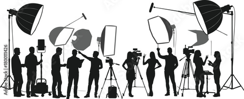 Film production studio team working with cameras and lighting equipment, professional crew shooting video scene, creative filmmaking and media industry illustration