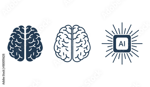 Three dark blue brain icons and A I chip symbol on white background mind intelligence