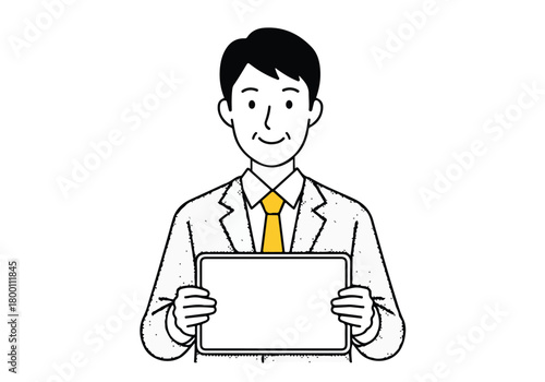 Smiling businessman holding a blank sign, ready for text or message. professional man with empty board for presentation.
