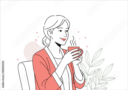 Minimalist illustration of a calm woman holding a steaming cup of coffee or tea, enjoying a moment of relaxation