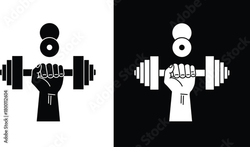 Fitness motivation hand holding dumbbell illustration, strength training workout icon, gym exercise symbol, black and white power lifting vector design