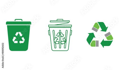 Green recycling bin outline and symbol on white background trash garbage