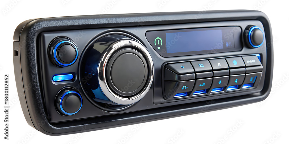 Fototapeta premium Modern digital car stereo with illuminated blue buttons and a large central control knob, isolated on transparent background