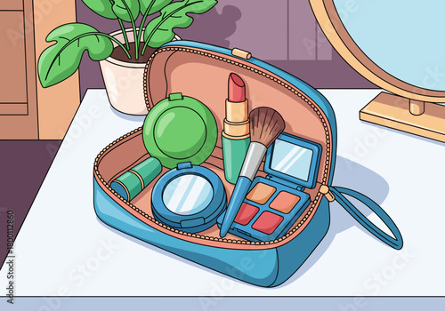 Open makeup bag on a vanity table with cosmetics and a plant in a stylish setting