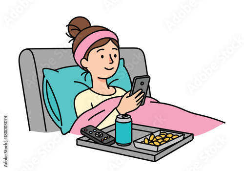 Casual young woman relaxing in bed, happily engaged with her smartphone, enjoying snacks and beverage.