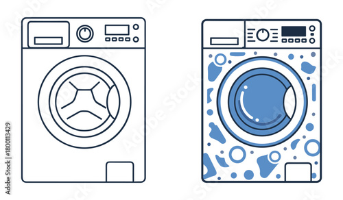 Two washing machines one plain outline one with blue abstract shapes and circles appliance laundry