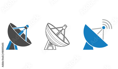 Three satellite dish icons in different styles gray blue and line art antenna communication