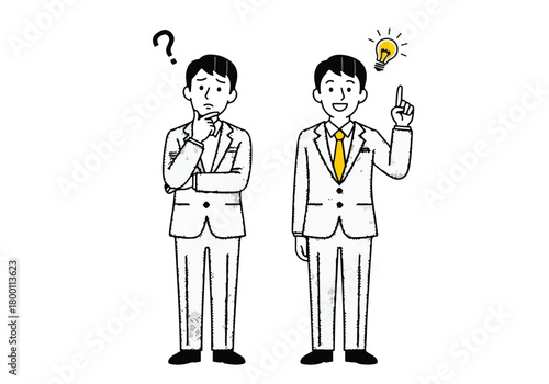 Businessman thinking with question mark above head, then having a bright idea with lightbulb, problem solving concept.