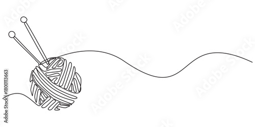 Ball of yarn in continuous one line art drawing style, Knitting Day. A continuous line. Vector illustration drawn with a single line, A ball of yarn in one continuous line with colored elements.