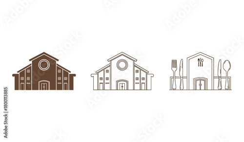 Three brown building icons one solid one outline one with cutlery vector