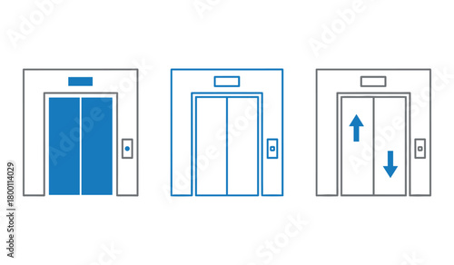 Three elevator icons with blue doors and directional arrows lift symbol