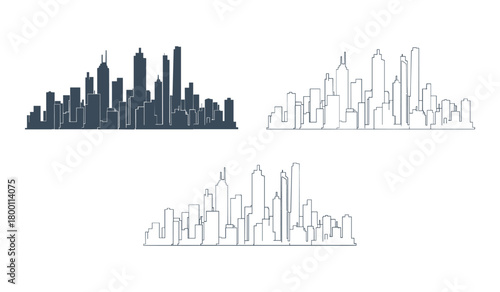 Three styles of city skyline silhouettes dark blue outline and solid urban architecture