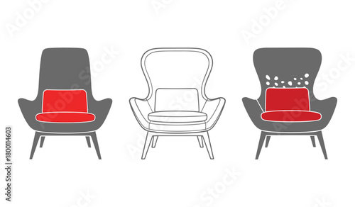 Three stylized chairs with red cushions on white background furniture interior