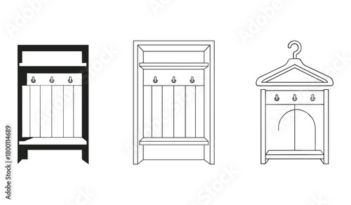 Three coat rack designs one solid black one line drawing one with hanger stand furniture