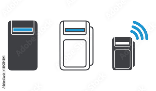 Three simplified icons of a payment terminal one solid dark gray one outlined dark gray with blue accent and one dark gray with blue accent and wifi signal