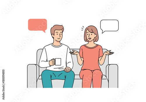 Couple having an engaging conversation on a comfortable sofa with blank speech bubbles, sharing thoughts and ideas in a relaxed home setting vector illustration.