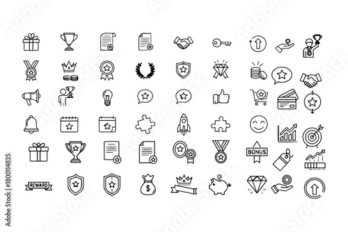 Reward set of web icons in line style. A collection of linear icons representing various reward concepts, including gift, trophy, recognition, reward program, medal, bonus, 