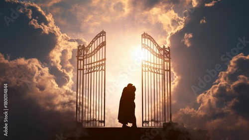 Jesus stands at the gates of heaven, welcoming souls with open arms. This peaceful moment highlights the beauty of faith and the promise of eternal life in a celestial setting.