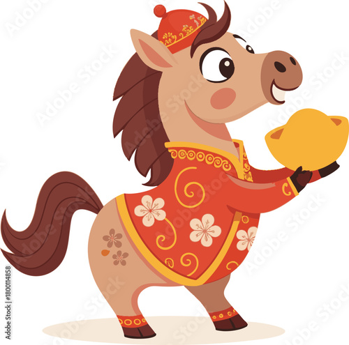 Cartoon vector background for the 2026 Chinese New Year of the Horse, featuring a Zodiac horse holding a sycee ingot on white background




