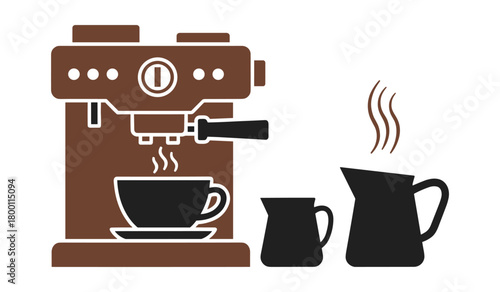 Brown espresso machine with steaming cup and two milk pitchers coffee maker