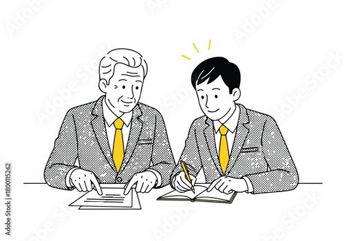 Senior executive guiding a junior employee during a business discussion, fostering learning and new ideas development.