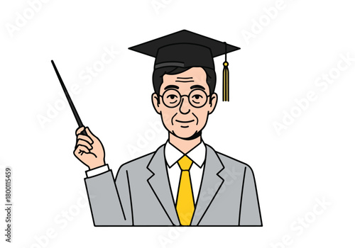 Experienced male professor or teacher in graduation cap and suit holding a pointer, giving a lecture or presentation.