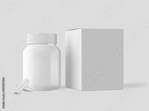 White plastic pill bottle mockup, vitamin or supplement jar template. Medicine packaging with lid. Pharmacy packaging. Cardboard box and white pill capsules. Realistic set of vector 3D illustrations.